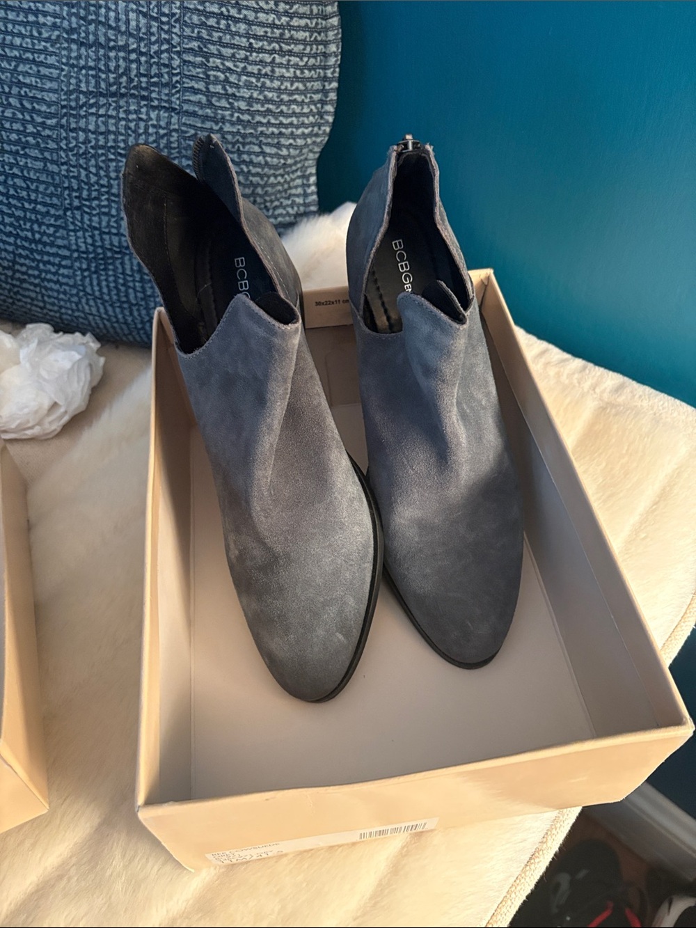 BCBG Slate Gray Suede Pointed Ankle Booties